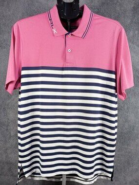 RLX Ralph Lauren Mens L Golf Shirt Pink White & Navy Blue Stripe Polo Active Top